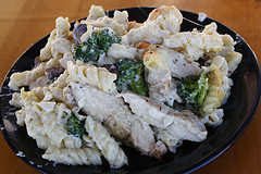 Chicken alfredo casserole served on black plate