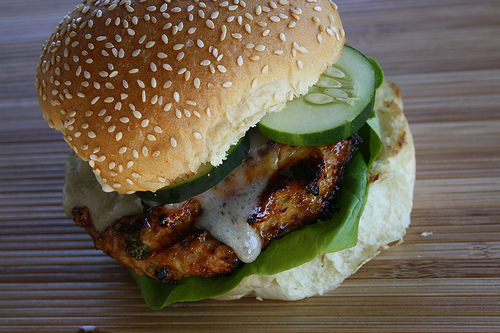 Close up of grilled chicken burger with cucumber