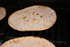 Grilled pita bread on barbecue grill