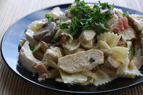 Close up of lemon butter chicken pasta