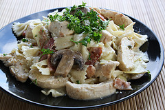 Creamy chicken pasta with mushrooms and bacon