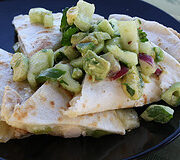 Stacked chicken quesadillas with fresh avocado salsa