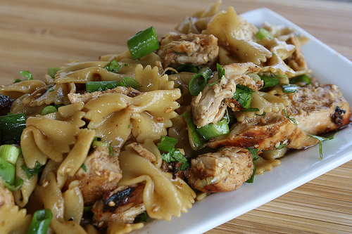 Sesame chicken pasta salad with green onions