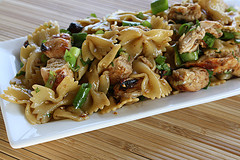 Close up sesame chicken bowtie pasta