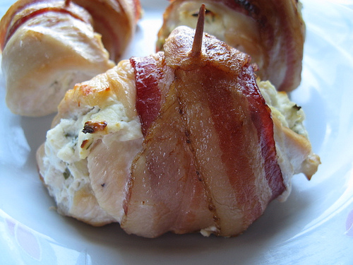 Bacon wrapped chicken with toothpicks