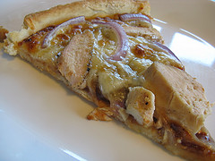 BBQ chicken pizza slice on plate