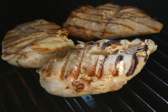 Grilled chicken breasts on barbecue