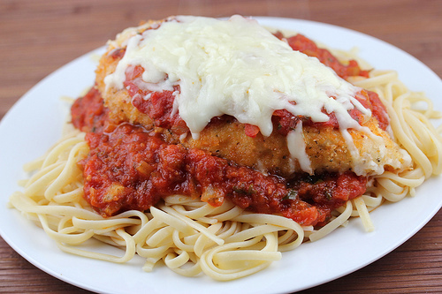 Chicken marinara with pasta and cheese