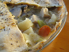 Chicken pot pie slice showing filling