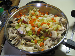 Chicken pot pie vegetables in skillet