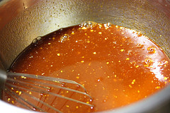 Honey hot wing sauce in saucepan