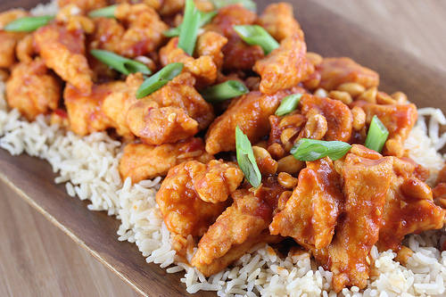 Hunan chicken over white rice