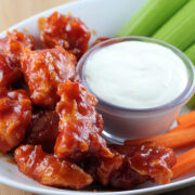 BBQ chicken bites with celery and carrots