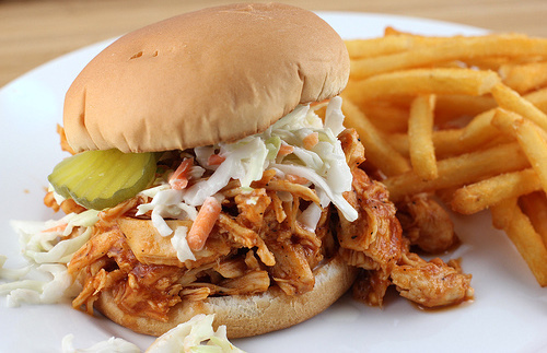 BBQ pulled chicken sandwich with pickles