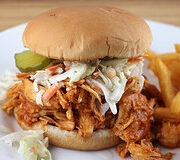 Pulled chicken sandwich with fries