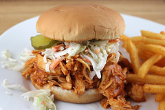 Pulled chicken sandwich with fries