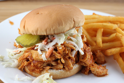 BBQ pulled chicken sandwich with fries