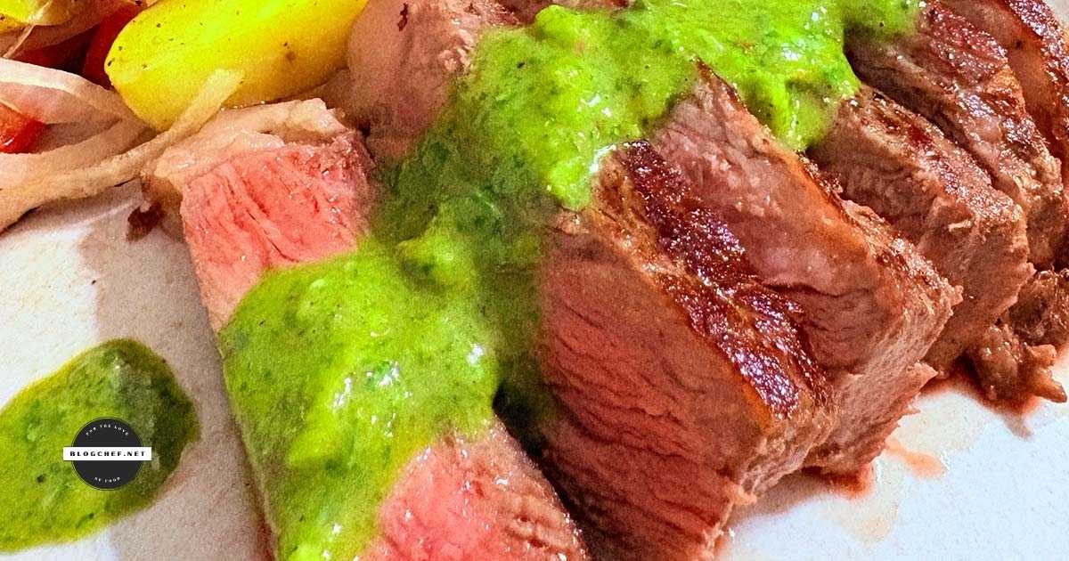 Close up of sous vide steak with chimicurri, made in a Suvie oven