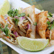 Chicken wonton tacos with cilantro and cabbage