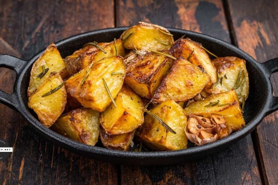 Potatoes roasted in beef tallow in a cast iron dish