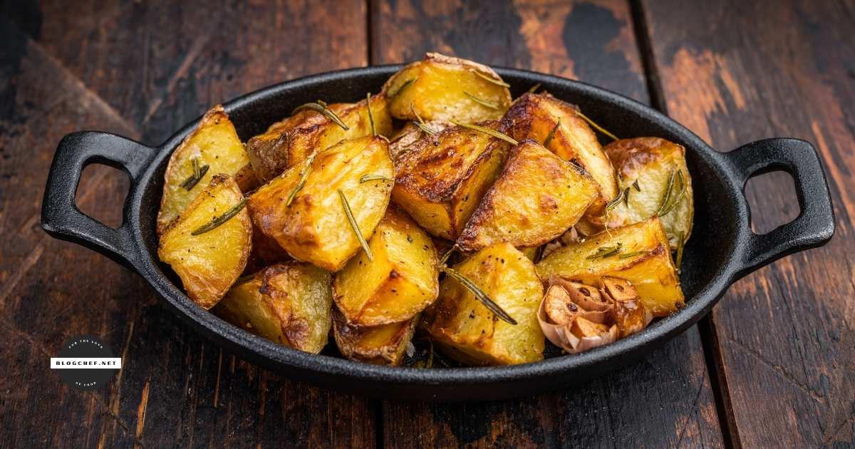 Potatoes roasted in beef tallow in a cast iron dish