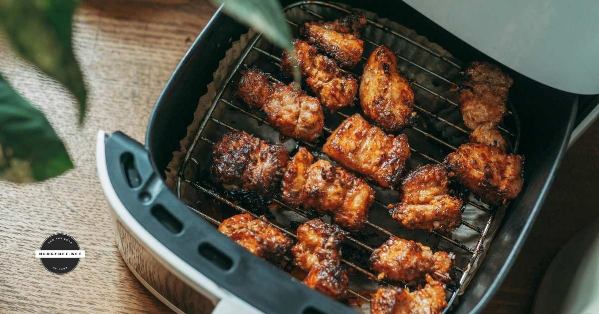 Top view of air fried food in large air fryer basket